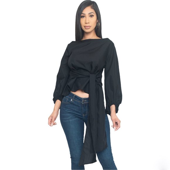 French Balloon Sleeve Cotton Blend Tie Front Paris Cocktail Tea Party Top T54601 - Picture 2 of 8